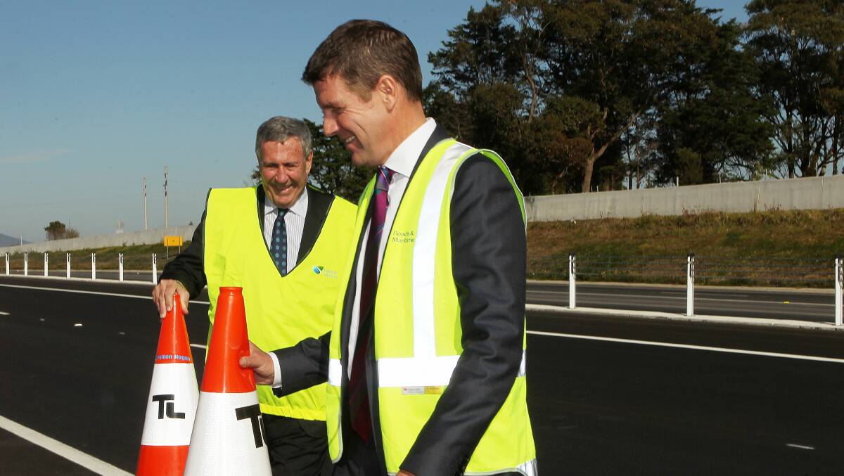 Premier Mike Baird (right) and Roads Minister Duncan Gay at Gerringong last month. Picture: GREG TOTMAN