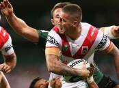 Joel Thompson of the Dragons is tackled during St George Illawarra's 26-6 loss to the South Sydney Rabbitohs at Sydney Cricket Ground. (Photo Mark Metcalfe/Getty Images)


