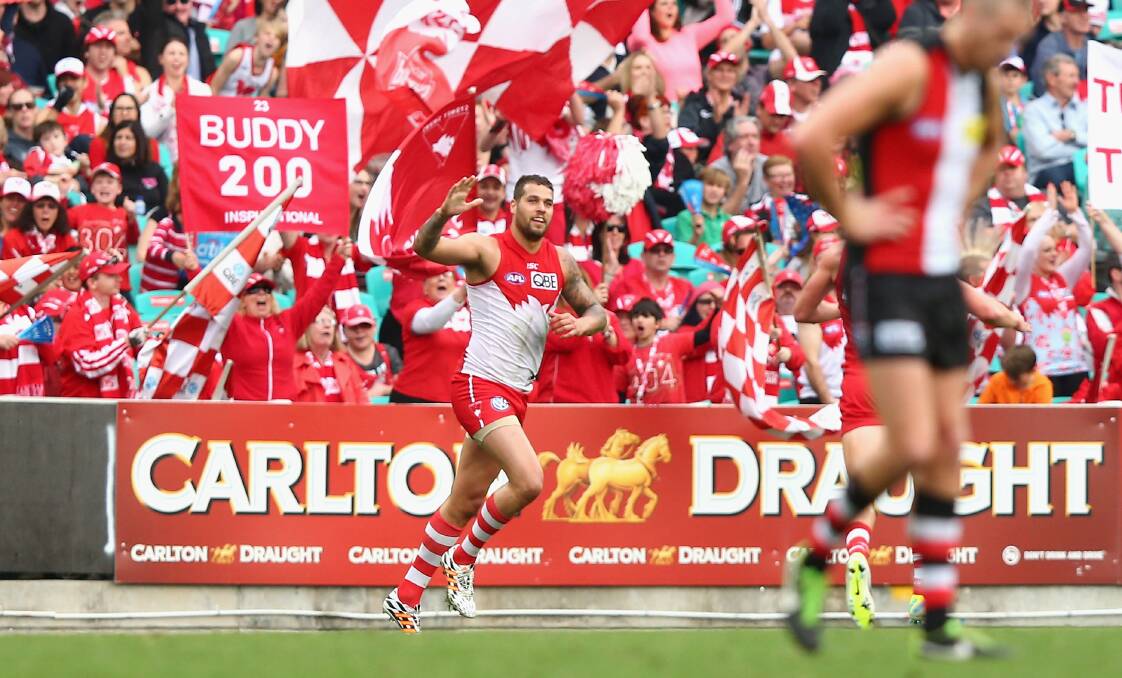 Sydney's Lance Franklin celebrates a goal against St Kilda at the Sydney Cricket Ground on Sunday. Picture: GETTY IMAGES