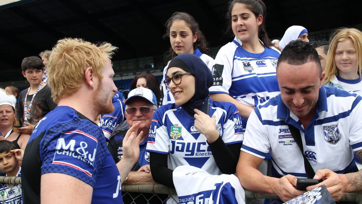Canterbury prop James Graham mixes with supporters at the Bulldogs’ fans day. Picture: BRENDAN ESPOSITO
