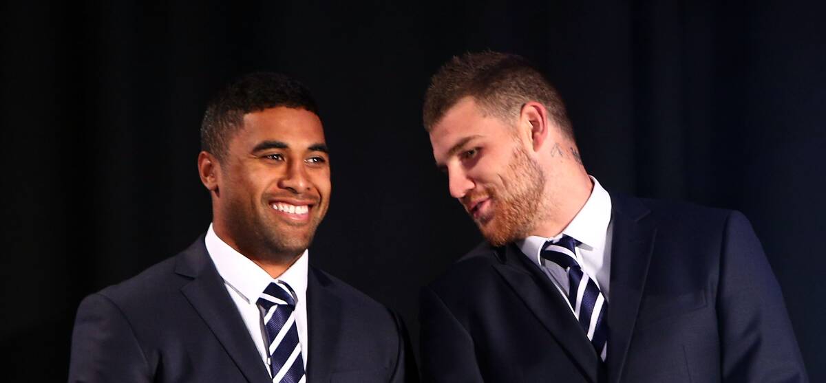 New NSW Blues Origin centre Josh Dugan, right, chats with teammate Michael Jennings. Picture: GETTY IMAGES