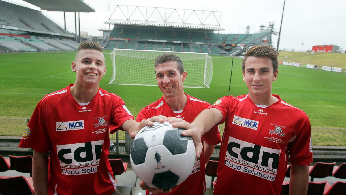 Wolves players Jordan Murray, Matt Bailey and James Baldacchino are ready to take on the Central Coast Mariners in a FFA Cup match at WIN Stadium on Wednesday night. Picture: SYLVIA LIBER 