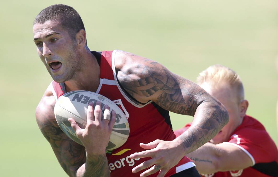 Joel Thompson hits it up at Dragons training. Picture: KIRK GILMOUR