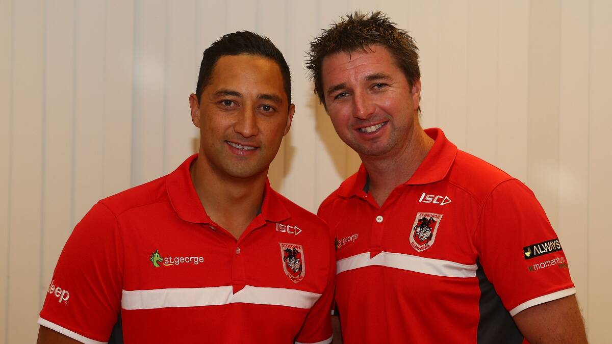 New recruit Benji Marshall is welcomed to the Dragons by coach Steve Price. Picture: GETTY IMAGES