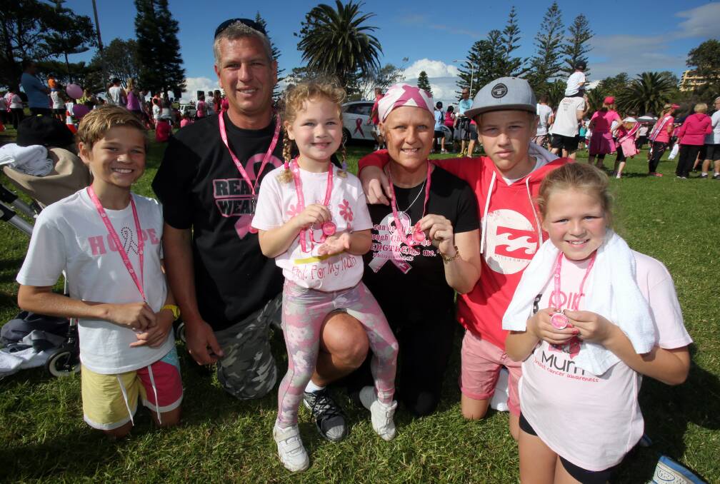 Corrimal’s Tracey Downy, third from right, with family members, from left, Callum, Jim, Kirrily, Brendan and Nyree. Tracey was diagnosed with aggressive breast cancer in December. Picture: ROBERT PEET