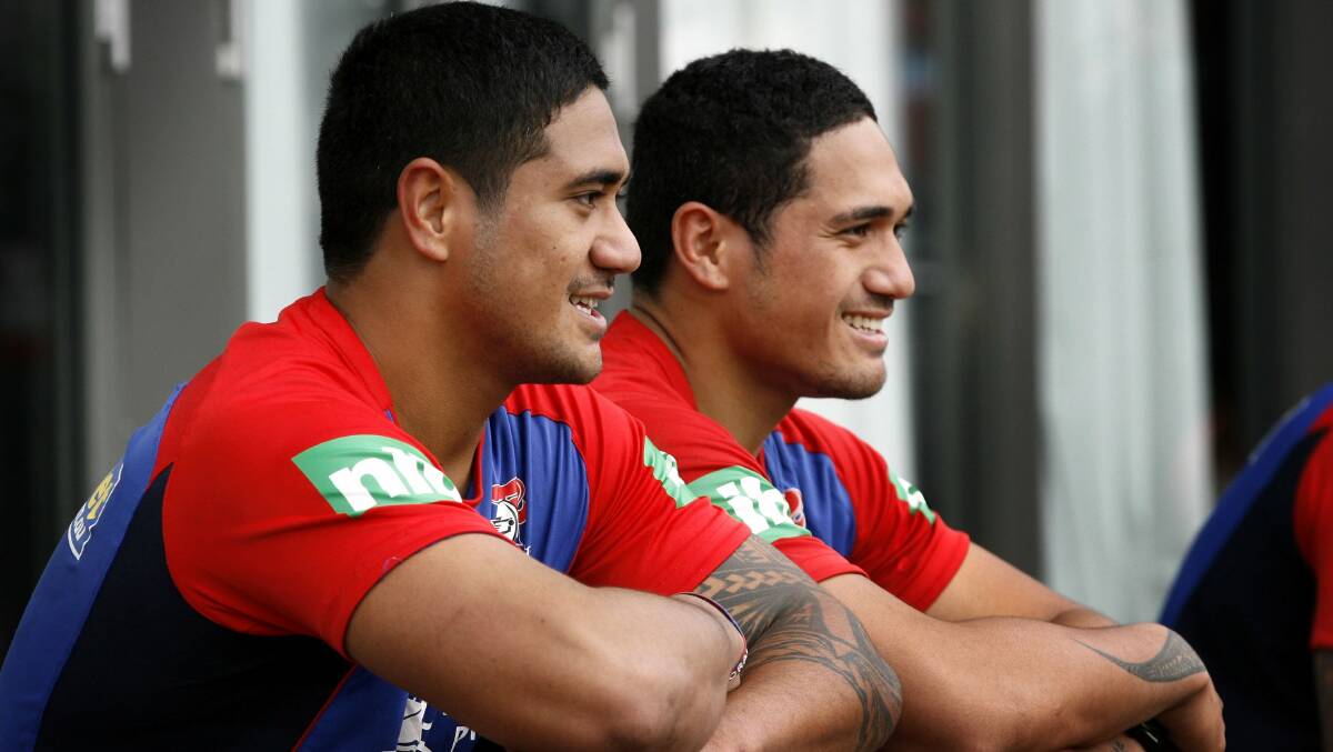 Brothers Chanel and Sione Mata'utia before Knights training at Mayfield on Thursday. The pair are to make their NRL debuts against the Roosters. Picture: DARREN PATEMAN
