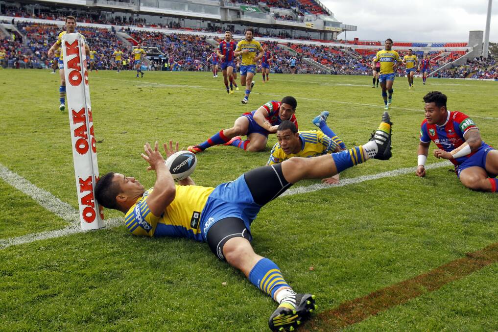 Eels' Jarryd Hayne saves the ball at the try line. Picture: MAX MASON-HUBERS