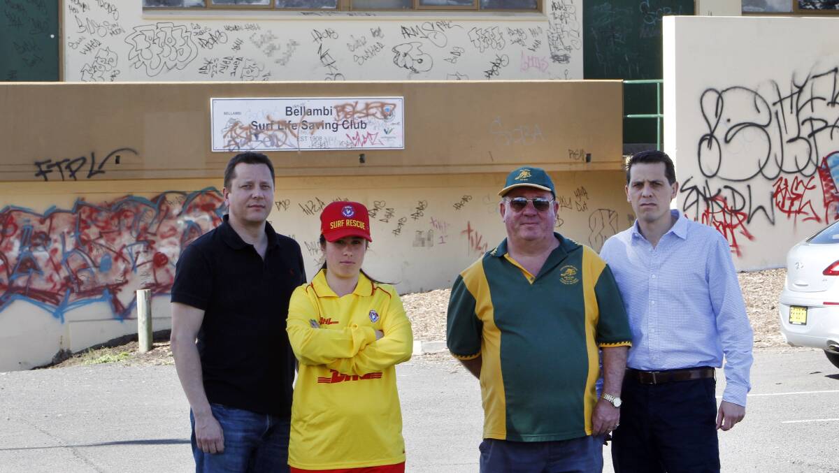 Bellambi SLSC representatives Paul Scully, Jacki Percy, Craig Kershaw and MP Ryan Park are disgusted by the attacks. Picture: ANDY ZAKELI
