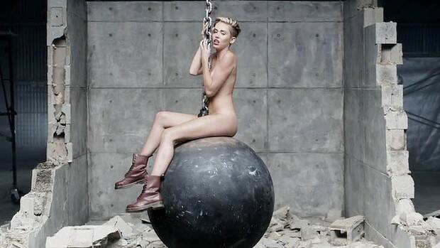 Miley Cyrus in her video for the track Wrecking Ball.