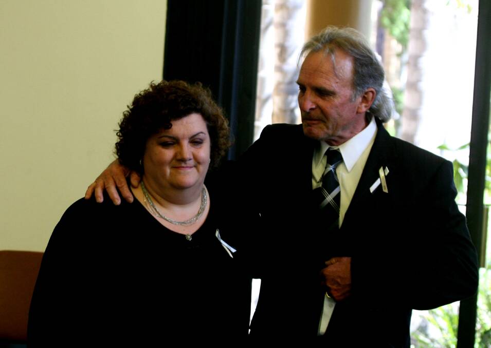 Martha Jabour and Pete Simpson at the funeral of Garry Lynch, Anita Cobby's father and co-founder of the Homicide Victims' Support Group, in 2008. 