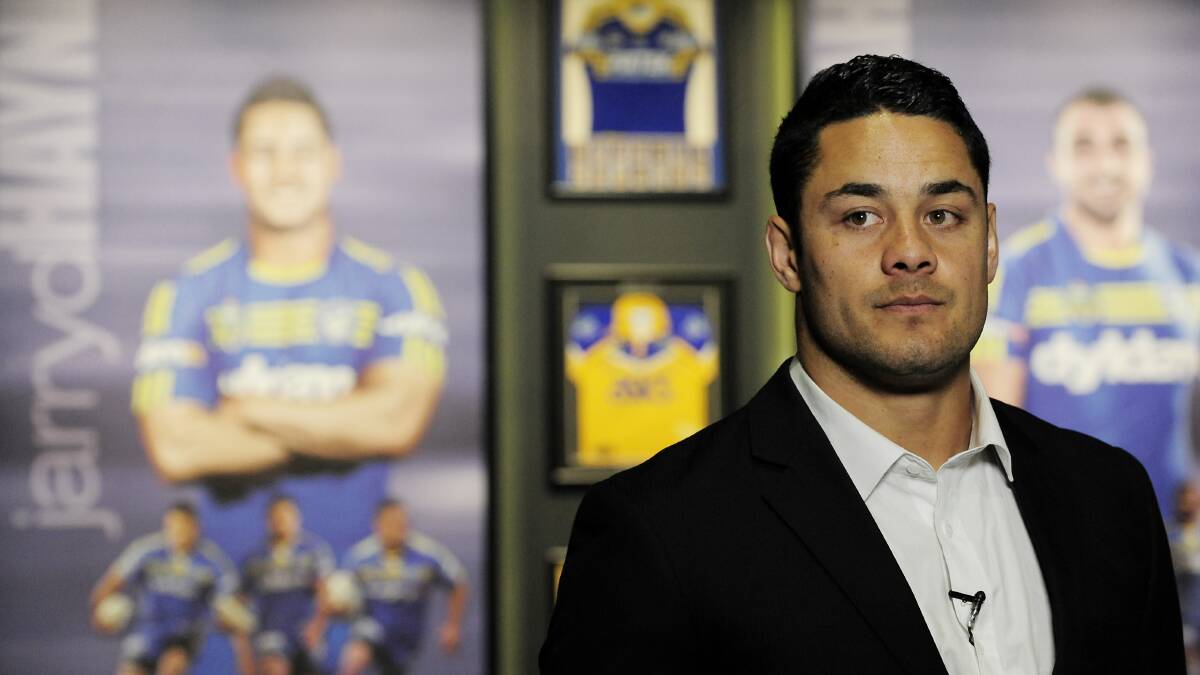 Jarryd Hayne at the press conference on Wednesday where he announced he will attempt to earn an NFL contract. Picture: GETTY IMAGES