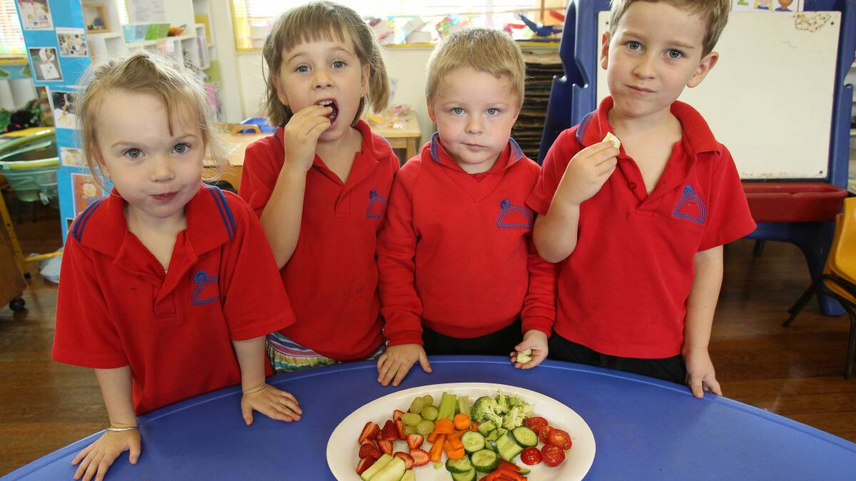  Albion Park preschoolers Mackenzie, Lilly, Riley and Zane eat their fruit and veg to help fund research into gastro-intestinal cancers. Picture: GREG TOTMAN