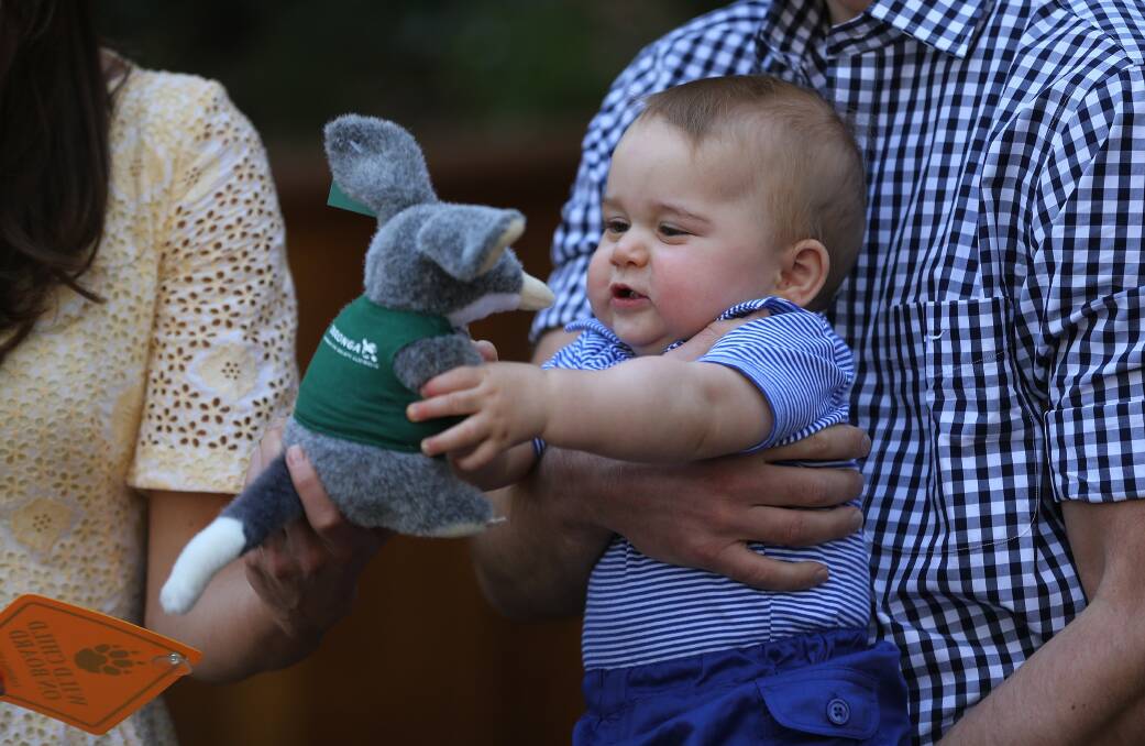 Prince George reaches for a toy bilby given to him by Taronga Zoo. Picture: KATE GERAGHTY