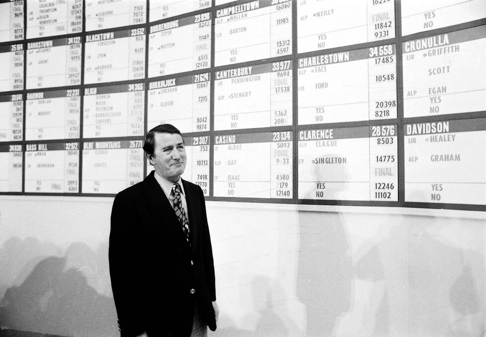 The NSW Labor opposition leader in the tally room during the state election on May 1, 1976. Mr Wran narrowly defeated Premier Sir Eric Willis. 