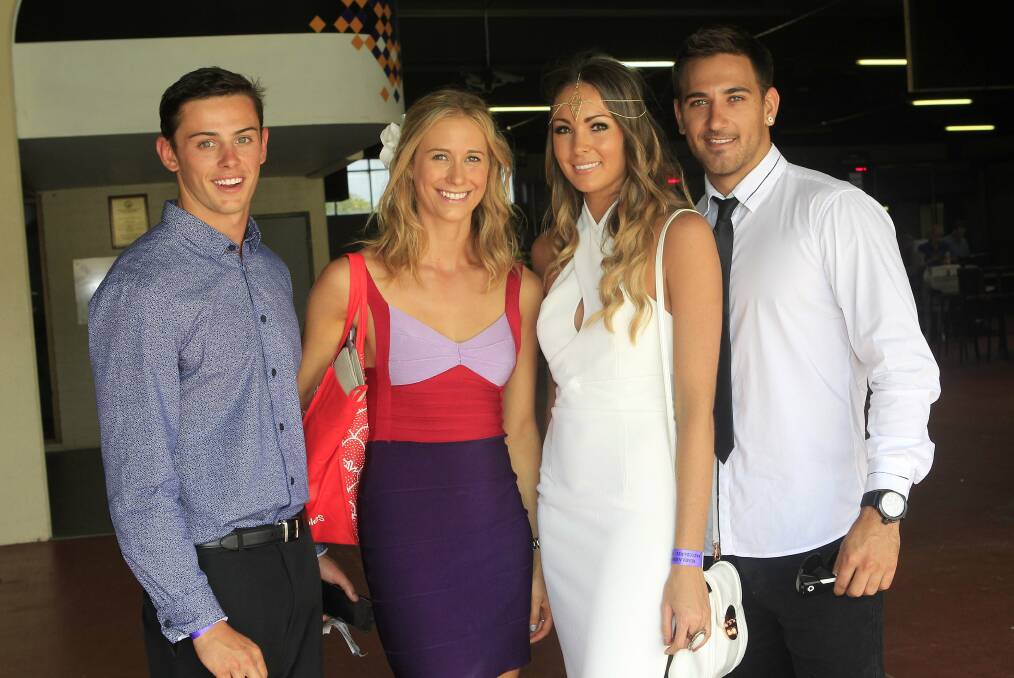 Blake Holmes, Kirby Campbell, Bec Wilson and Kyle Kruger at Kembla Grange Racecourse for Sensational Sunday. Picture: ANDY ZAKELI