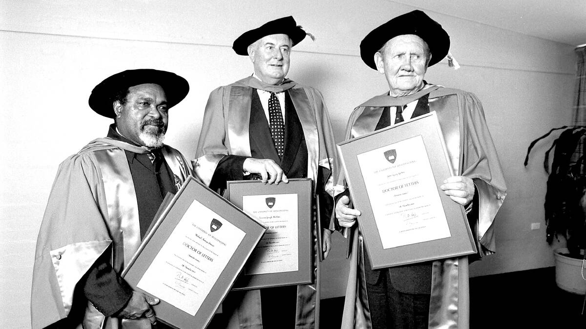Michael Somare, left, with Gough and John Gorton being awarded honorary doctorates from the University of Wollongong in 1989.