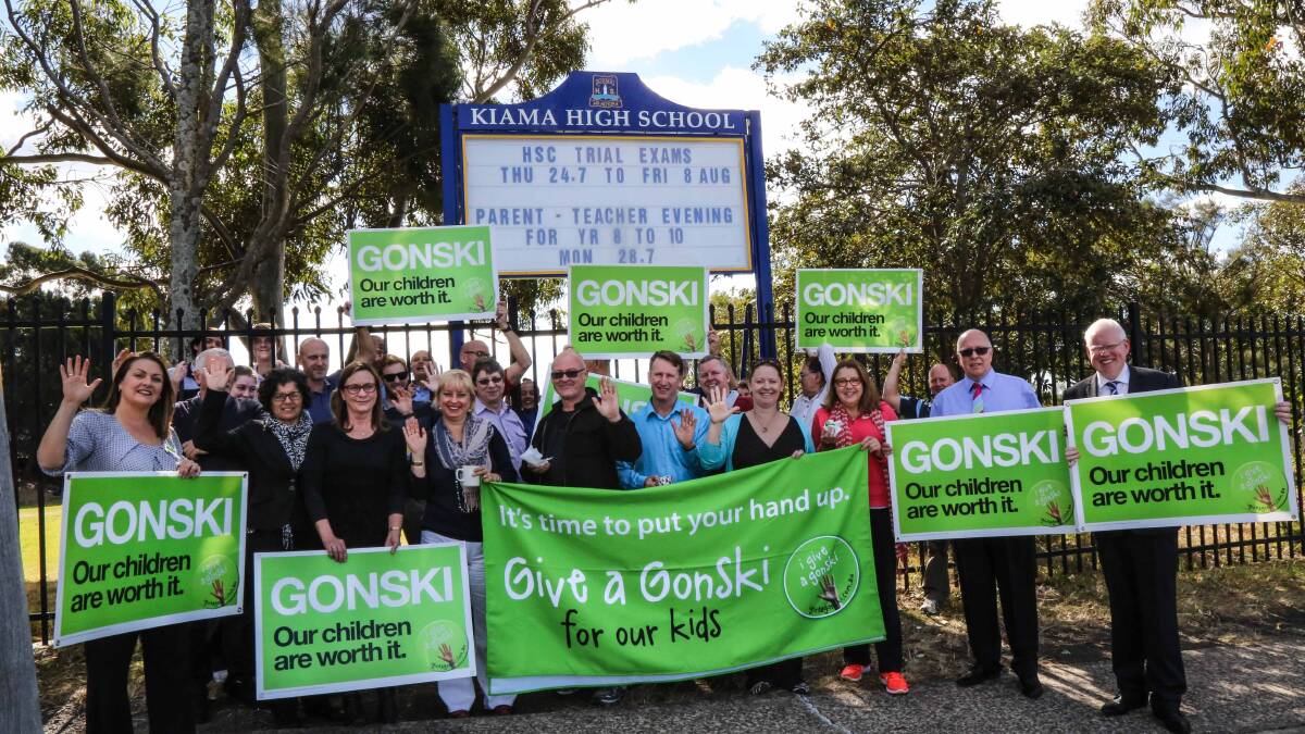 Kiama MP Gareth Ward, right, with teachers from Kiama High School expressing their support for the Gonski funding scheme. Picture: GEORGIA MATTS