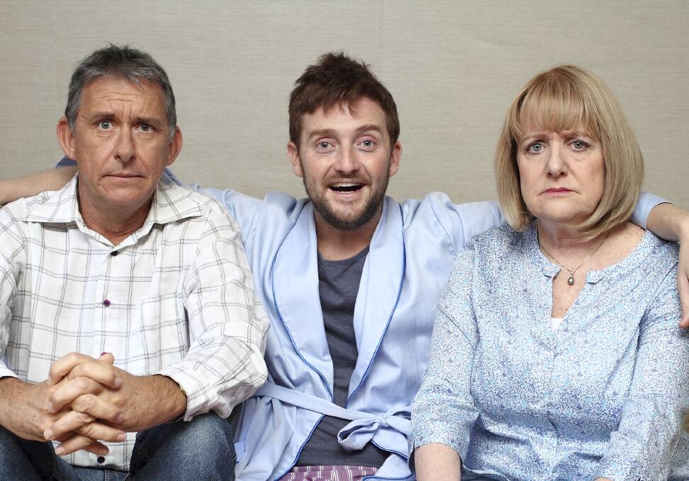 The cast of Timothy – Peter Rowsthorn  (Colin Garrett), Stephen Curry (Timothy Garrett)  and Denise Scott (Melinda Garrett) –  in Tristram Baumber’s 30-minute television comedy about a high-flyer retreating to Wollongong to rebuild his life. Picture: ABC
