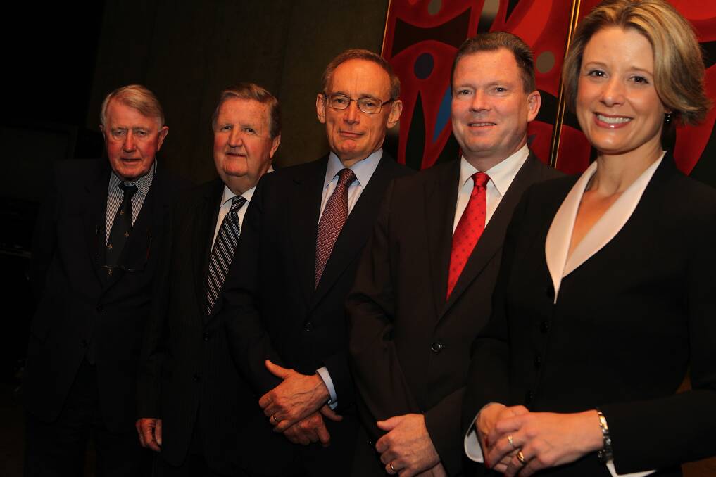 Former Labor NSW premiers, from left, Neville Wran, Barry Unsworth, Nathan Rees, Bob Carr and then premier Kristina Keneally in 2010.