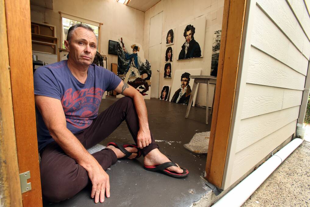 Award-winning artist Paul Ryan in his backyard Thirroul studio. Picture: KIRK GILMOUR 