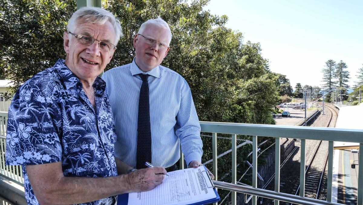 Kiama MP Gareth Ward joins with local commuter Tim Billington to launch a petition to increase the number of South Coast carriages. Picture: GEORGIA MATTS