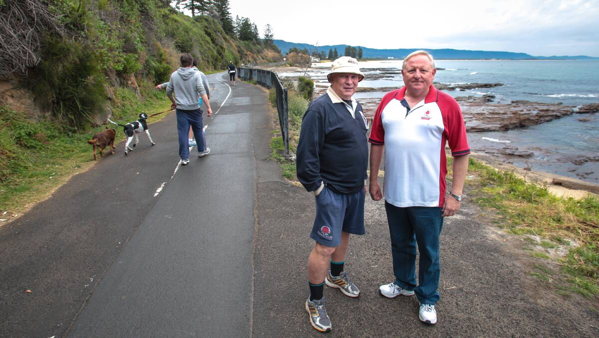 Peter Leiner, left, and friend Gerry Stort who go for regular morning walks along the Blue Mile. Picture: ADAM McLEAN