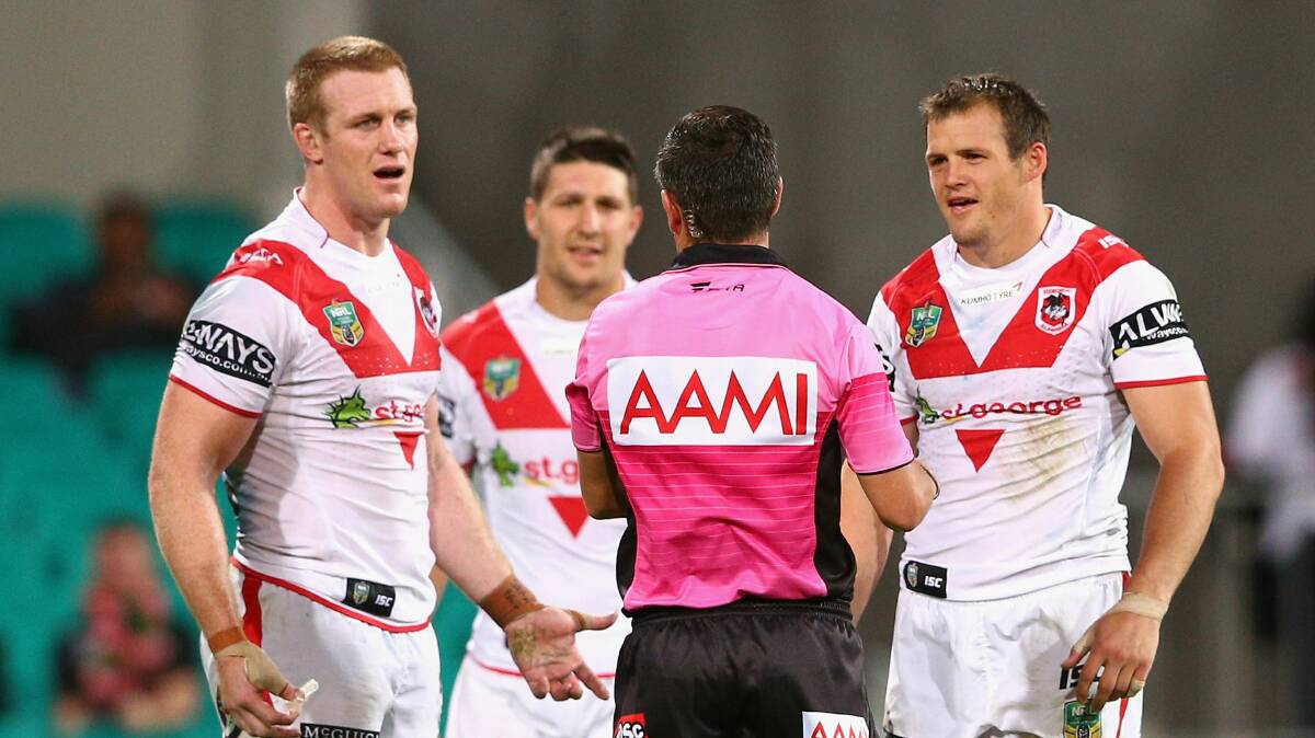 Brett Morris is placed on report by referee Gavin Badger during the round five game against the Rabbitohs. Picture: GETTY IMAGES 