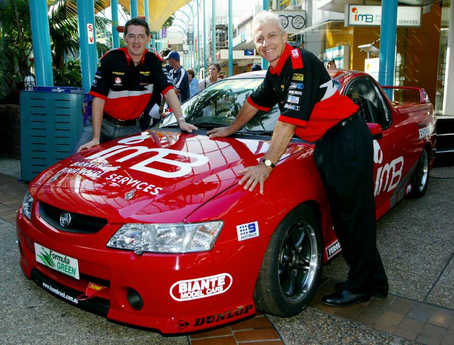 Motor racing legend Peter Brock (right) with Team Brock V8 BRute driver Damien White in Wollongong to meet fans.