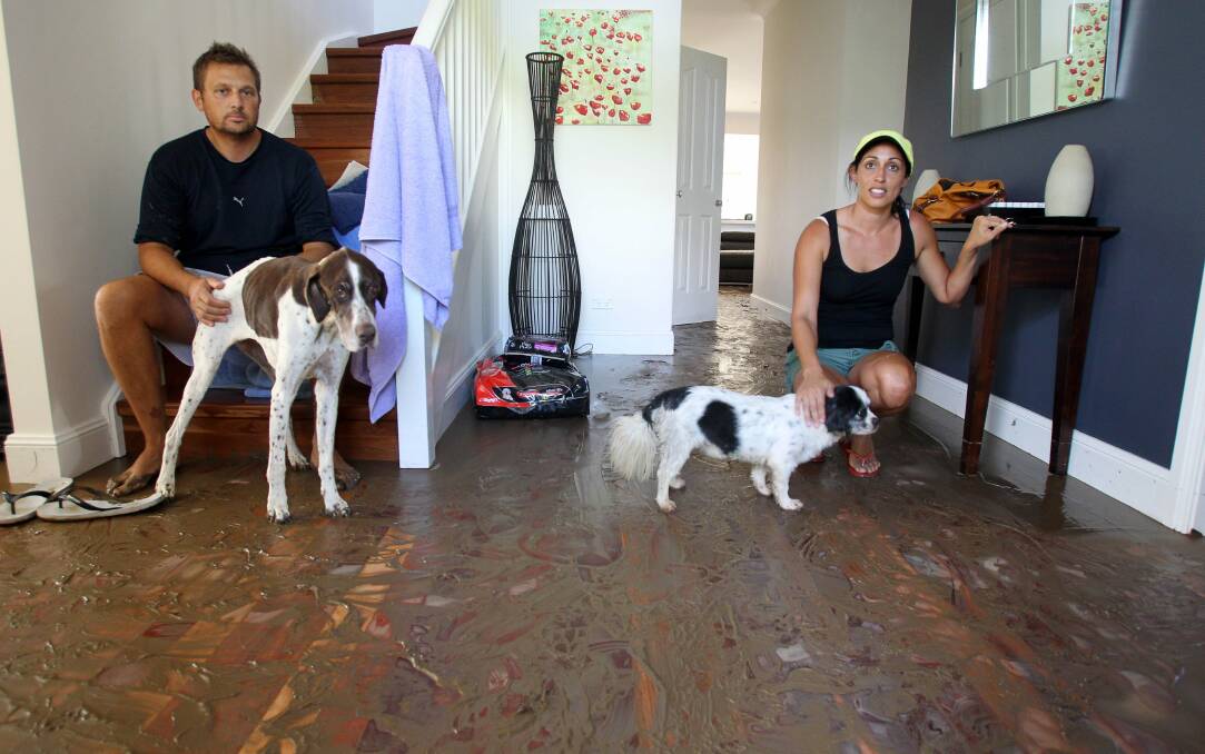 Benelong Street residents Matthew and Maree Becker,  with their pet dogs Cana and Mello, survey the damage the floodwaters caused to first floor of their Bulli home. Picture: KIRK GILMOUR