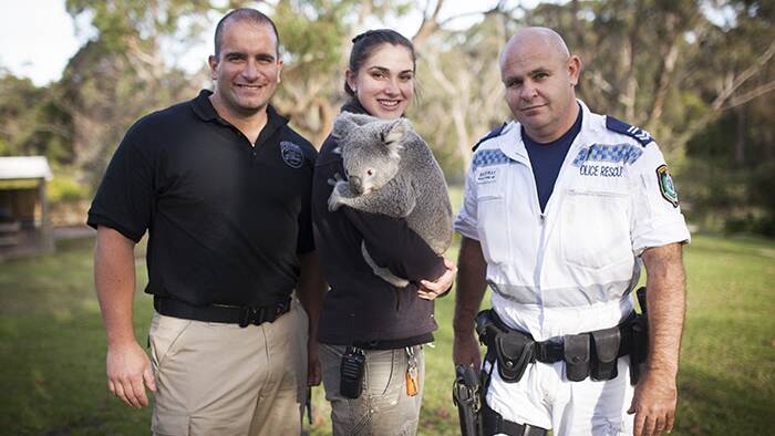 Sgt Anthony Lisi, of NYPD, enjoyed time out meeting native Australian animals at Symbio Wildlife Park with NSW Police Rescue and Bomb Disposal Unit Leading senior constable Marcus Backway. Picture by Kevin Fallon.

