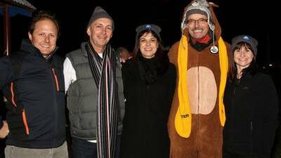Samuel Edwards, of Edwards Construction, Kevin Ayres, of the Commonwealth Bank, with Nieves Murray, Walter Immoos and Deborah De Santis at the Vinnies CEO Sleepout in Lang Park Picture by Greg Ellis.
