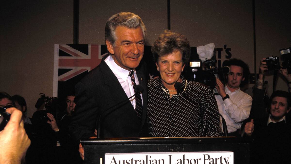 Prime Minister Bob Hawke with his wife Hazel at the Australian Labor Party's election-night party in 1987. Picture: Getty Images