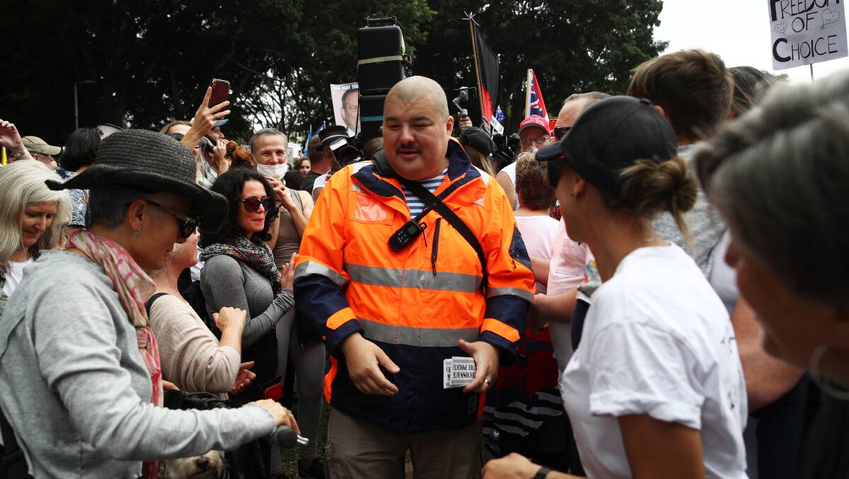 Simeon Boikov, the "Aussie Cossack" is greeted by fellow anti-vaccine mandate protesters in Sydney's Hyde Park on November 20 last year. Picture: Getty Images