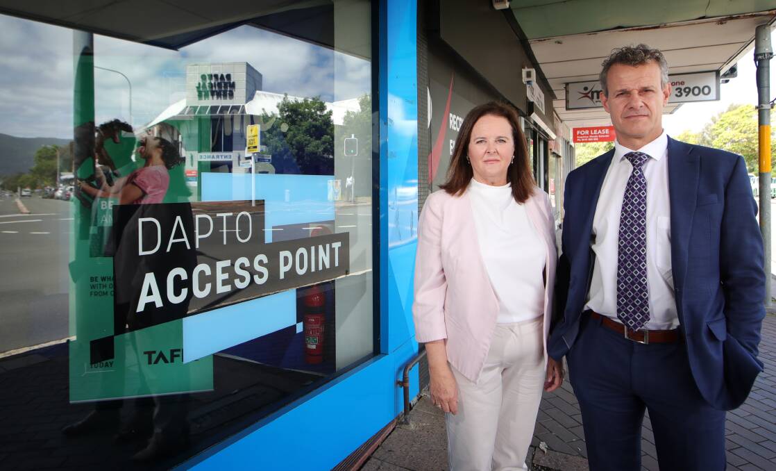Shellharbour MP Anna Watson and NSW Shadow Minister for Skills and TAFE Tim Crakanthorp discuss the future of TAFE in Dapto. Picture: Sylvia Liber.