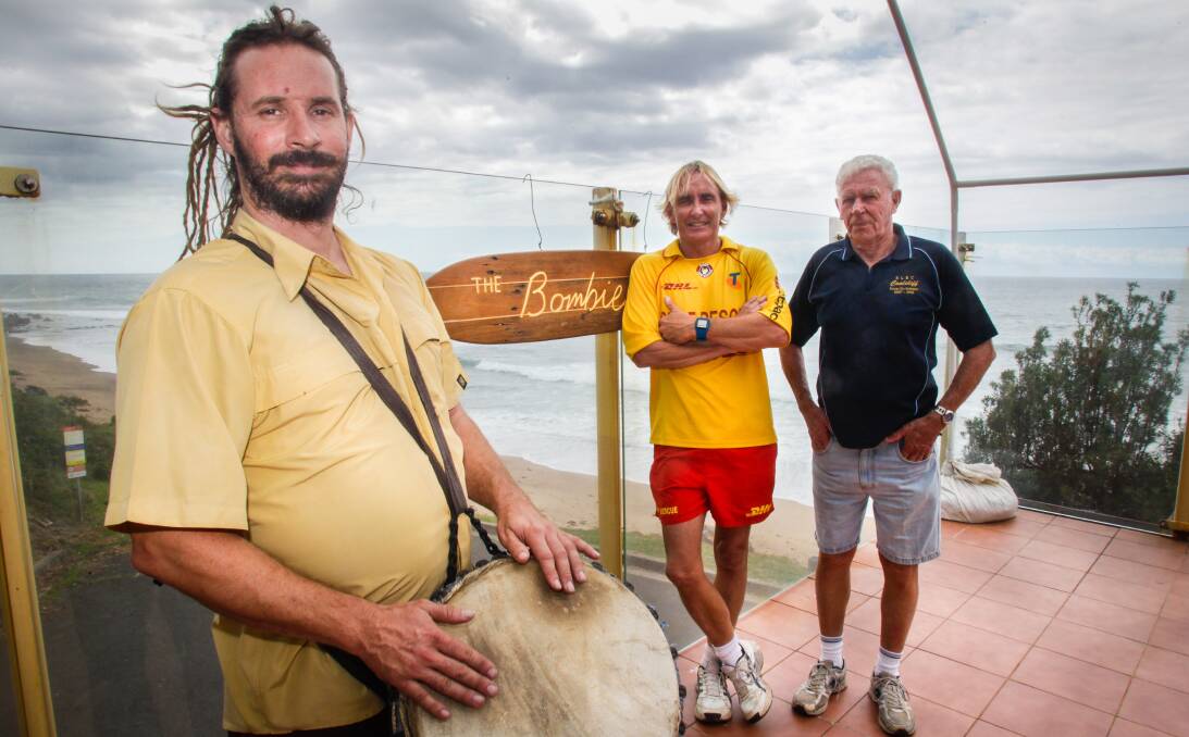 New Year's Day Silence: Musician Damion Stirling, licensee and surf club captain Rob Deacon and Frank Perfect reflect on music events no longer being allowed at Coalcliff Surf Club's Bombie Bar. Picture: Georgia Matts 
