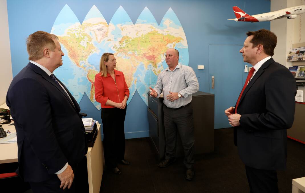 Support needed: Australian Federation of Travel Agents CEO Darren Rudd with Sharon Bird, Paul Scully and Travel On Crown owner Jonathan Hickman talking about the challenges during COVID-19. Picture: Adam Mclean.