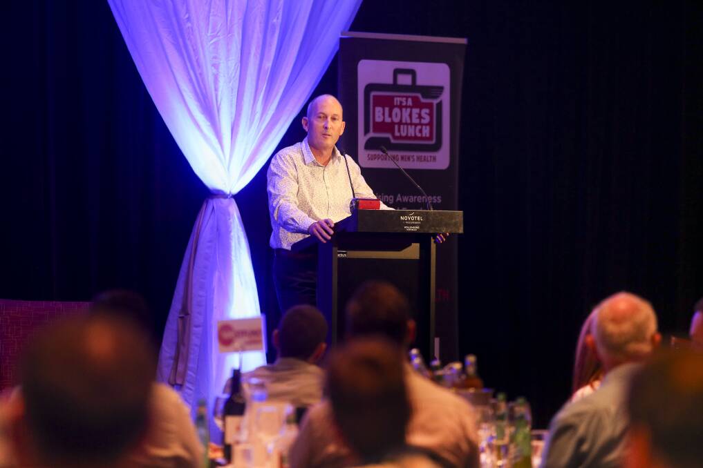 Don't wait to get checked: Keynote speaker Matt Starr tells his story at the third annual "It's A Blokes Lunch" for men's health attended by more than 150 people at the Novotel. Pictures: Anna Warr. 