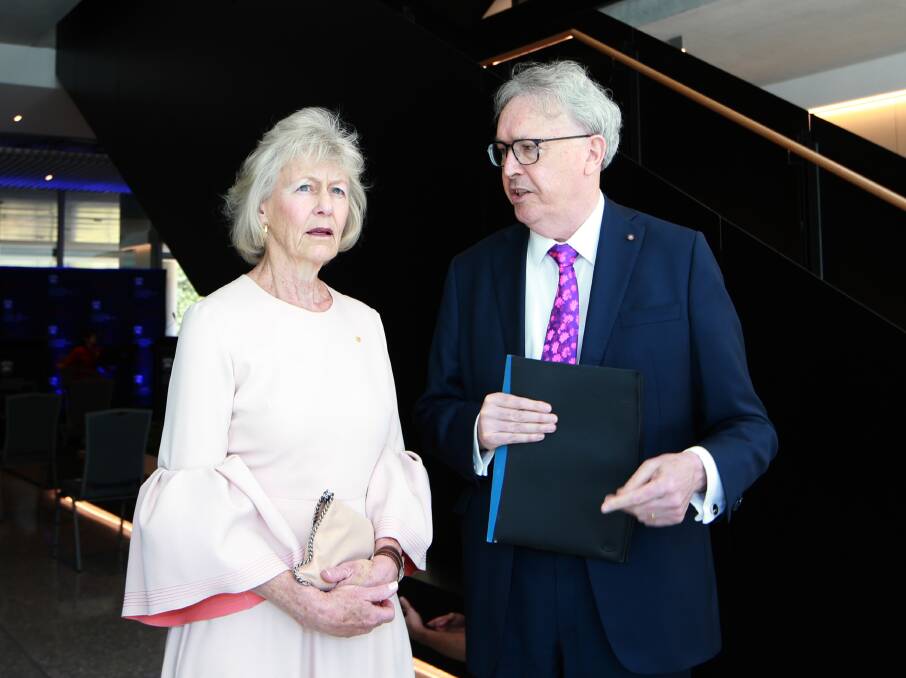 End of an era: University of Wollongong chancellor Jillian Broadbent and vice-chancellor Prof Paul Wellings. Picture: Sylvia Liber.
