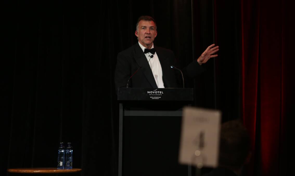 Address: Adventurer Tim Jarvis speaking at The Illawarra Connection dinner at the Novotel Wollongong Northbeach on Tuesday night. Picture: Greg Ellis.
