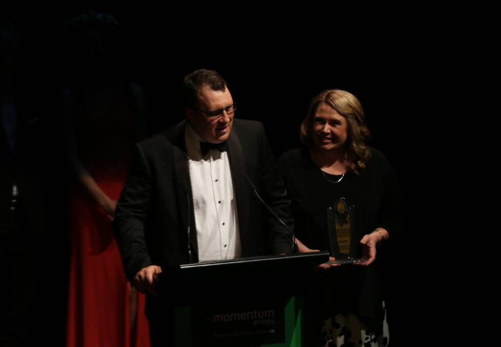 WOLLONGONG'S WEBB WINNERS: Andrew Webb gives his acceptance speech after Andrew Webb Family & Business Accounting wins at the Momentum Energy Illawarra Business Awards. Picture: Greg Ellis. 