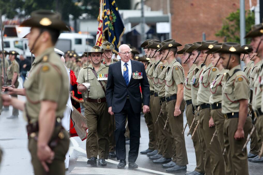 Freedom of Entry to Wollongong: NSW Governor General David Hurley inspecting the troops with Wollongong City Lord Mayor Councillor Gordon Bradbery. Picture: Adam McLean.
