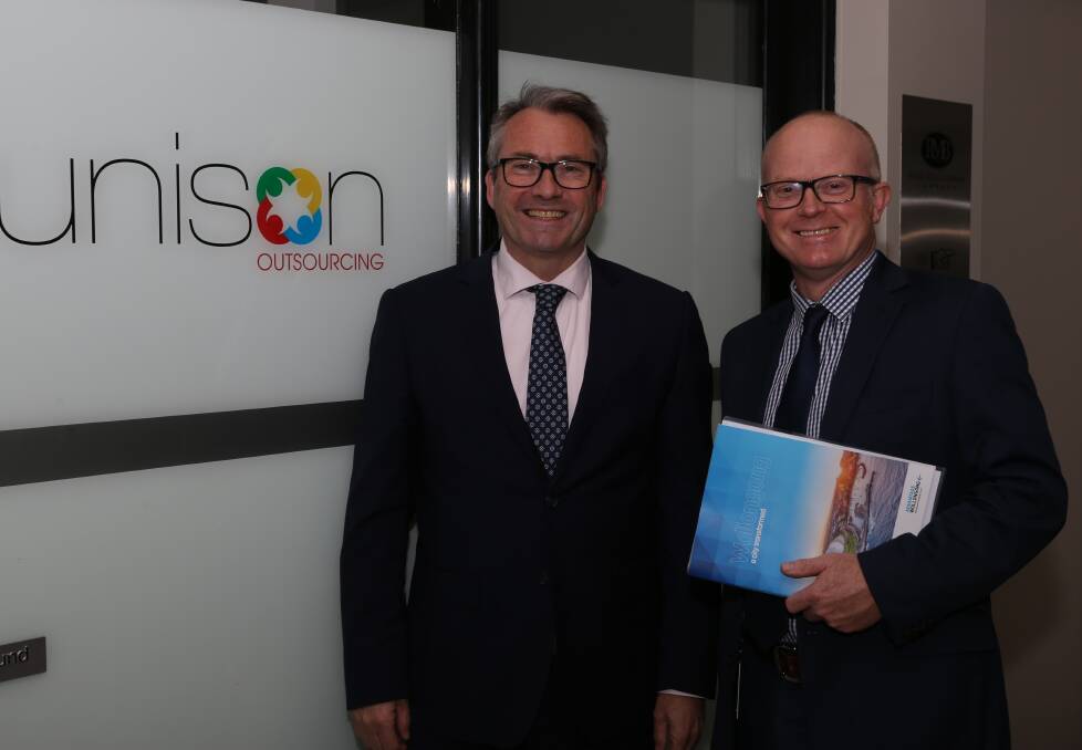 Gong good for business: Craig Osborne and Mark Grimson see many benefits for organisations in Knowledge Services sector coming to Wollongong. Picture: Greg Ellis.
