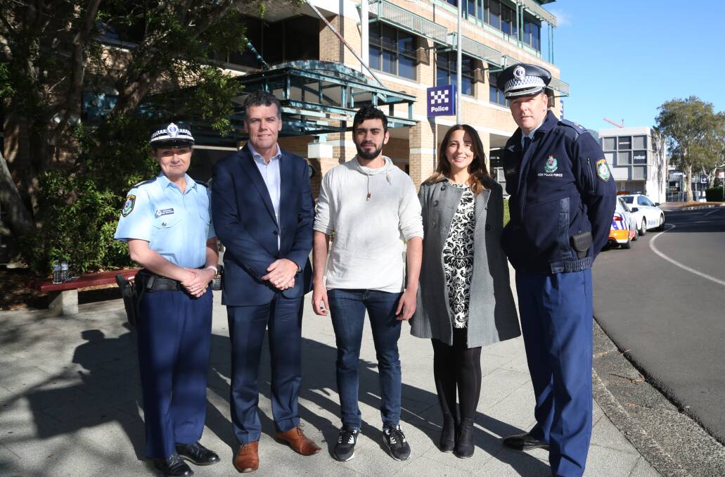 Safety video: Senior Sergeant Lisa Westwood, IMB Bank's Michael Brannon, UOW  student Omar Amin and Local Area Commander Supt Chris Craner. Picture: Greg Ellis.
