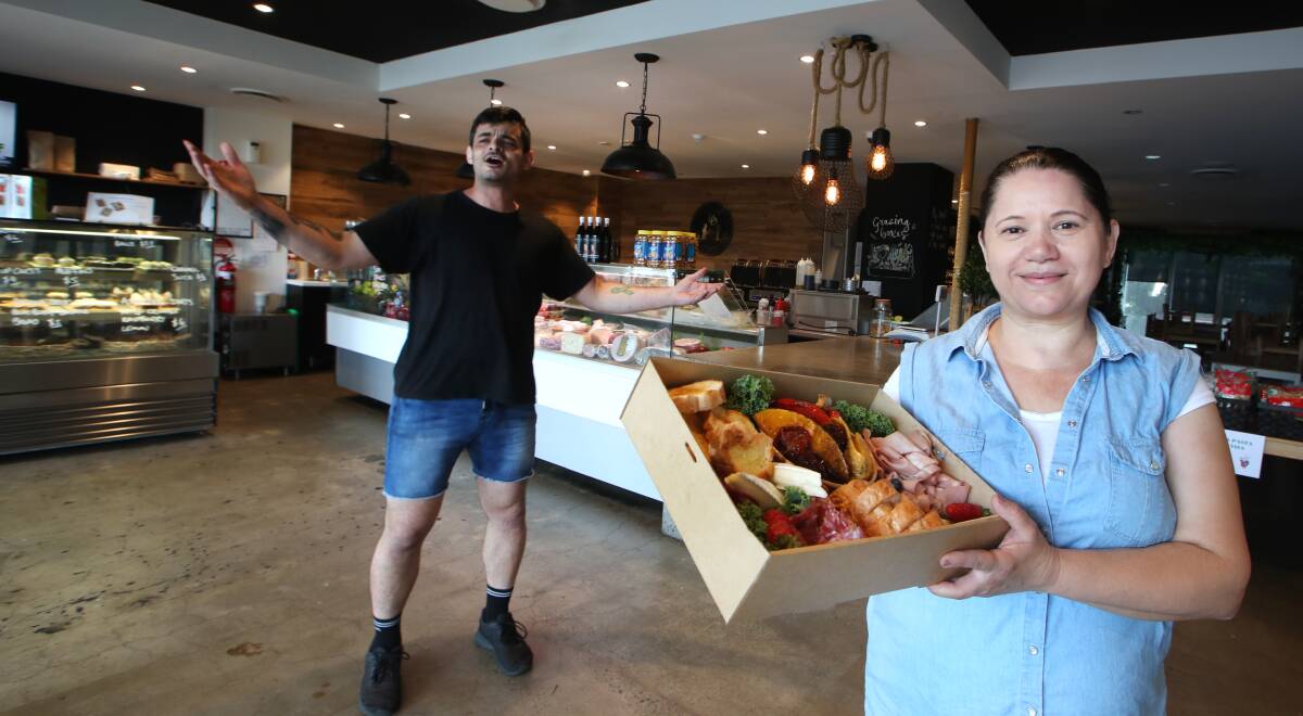 Dance deli delivers smiles: Deli and Dine on Market's Michael Matlijovski and Jo Nikolovski are dancing up a storm with their grazing boxes that are taking the stress our of shopping for essentials. Picture: Sylvia Liber.
