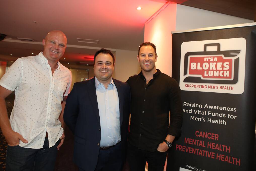 Annual event: Doug Bollinger, Joshua Tree and Sasha Mielczarek at the second It's A Blokes Lunch in 2018. Photo: Adam McLean
