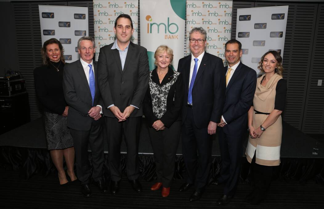 2016 IMB Bank Illawarra Business Awards launch: Jo Spencer, Robert Ryan, Daniel Rowan, Janine Cullen, Professor Paul Wellings, Warwick Shanks and Lisa Burling. Picture: Greg Ellis.
