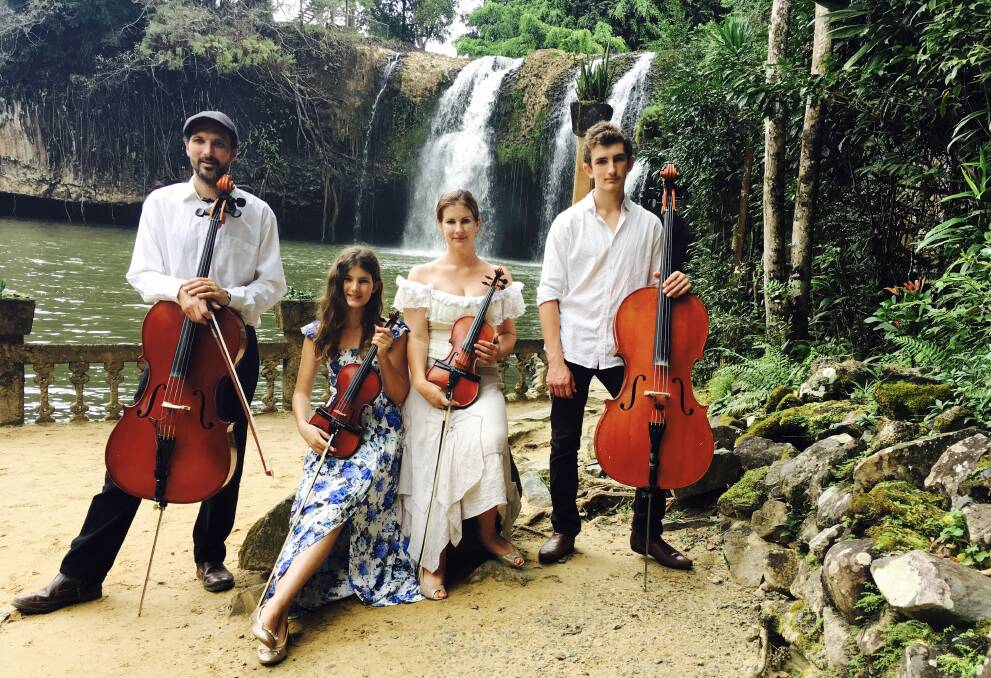 THE STRING FAMILY: Joel, Ashleigh, Sarah and Heath Moir at Paronella Park. They arrive back in Wollongong this Friday and will perform Saturday.
