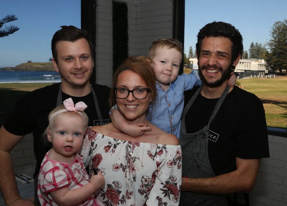 New Kiama Surf Beach eatery: Chef Luke Basic, Anabel Basic, Kate Liehr, Aiden Basic and chef John Cappellin in the lower level of the new two storey Silica restaurant in Kiama. Picture: Greg Ellis.



