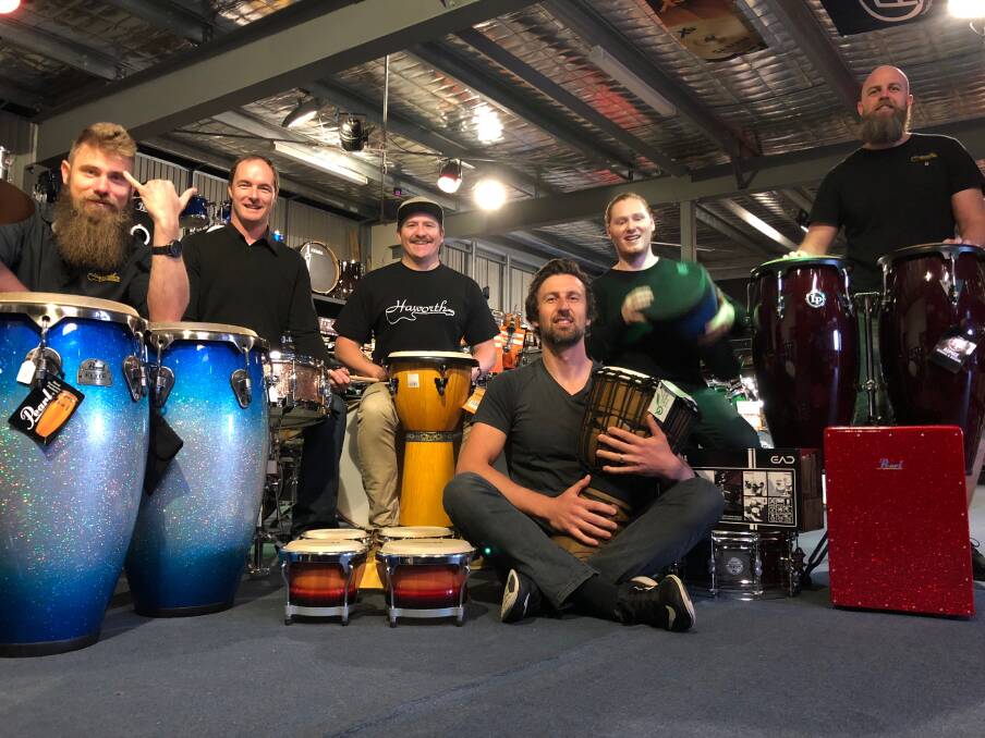 Drum expo: Dean Moss, Matt Raftery, Mick Allison, Glenn Haworth, Jacob Jausovec and Dylan Nicholls at Haworth's Drum Room. Picture: Matt Bragg.
