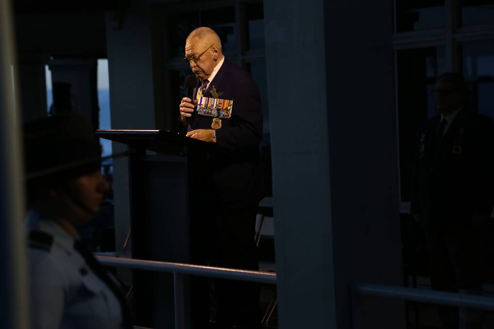 We will remember them: National Anzac Centenary Advisory Board Major-General Hori Howard speaking at the ANZAC Day dawn service at Austinmer Beach on Wednesday. Picture: Greg Ellis.
